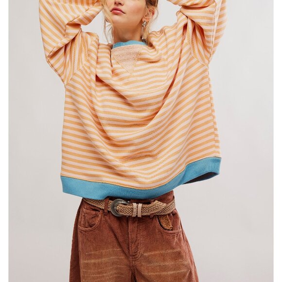 FREE PEOPLE Classic Striped Oversized Crewneck / Latte Combo - Picture 5 of 6
